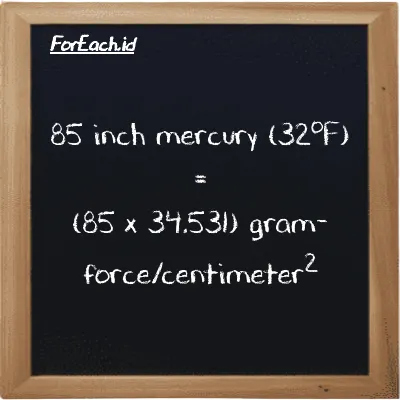 How to convert inch mercury (32<sup>o</sup>F) to gram-force/centimeter<sup>2</sup>: 85 inch mercury (32<sup>o</sup>F) (inHg) is equivalent to 85 times 34.531 gram-force/centimeter<sup>2</sup> (gf/cm<sup>2</sup>)